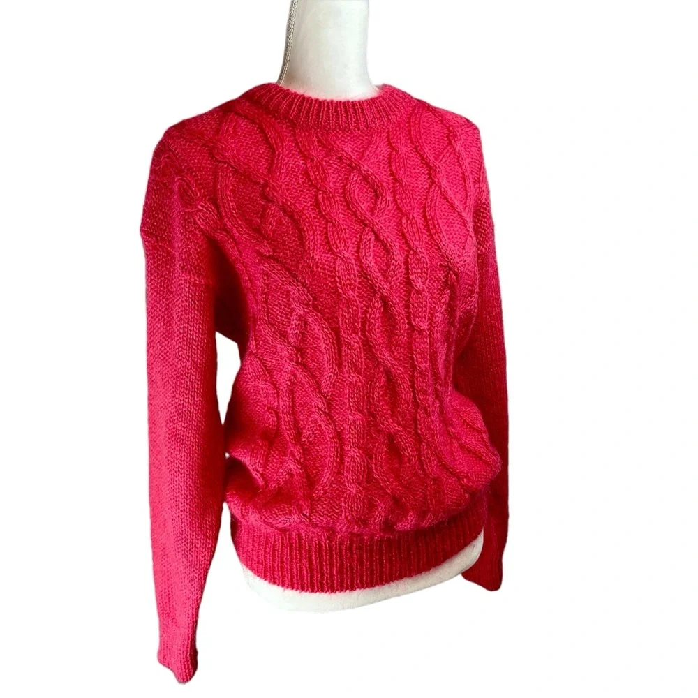 Vintage CRYSTAL Pink Mohair Wool Cable Knit Pullover Sweater Medium Crew Neck - Picture 13 of 13